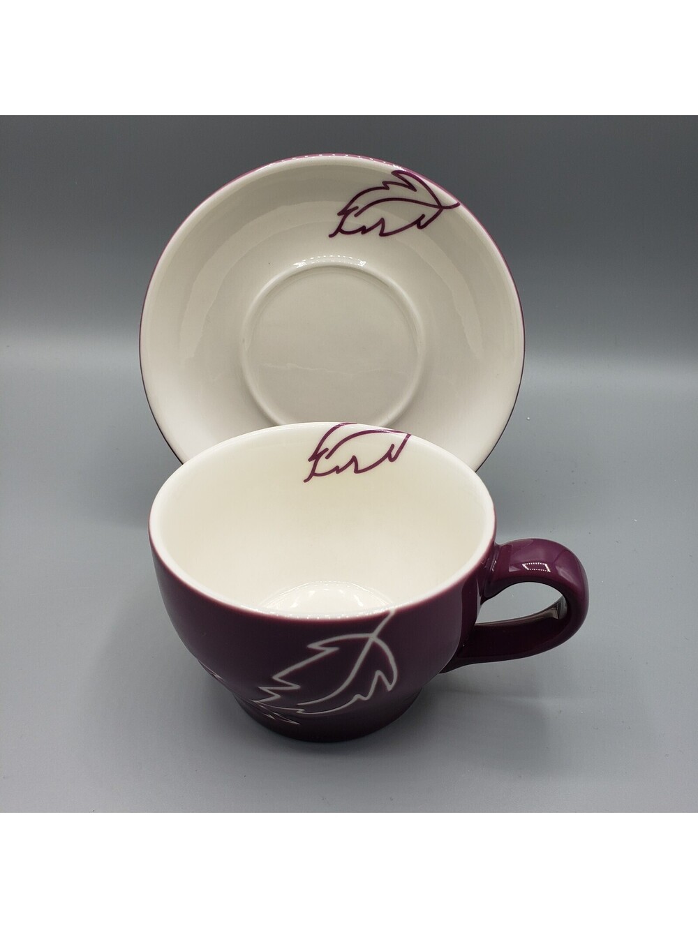Starbucks Plum Embossed White Leaf Teacup & Saucer 10oz 2007 Coffee Cup Mug Tea